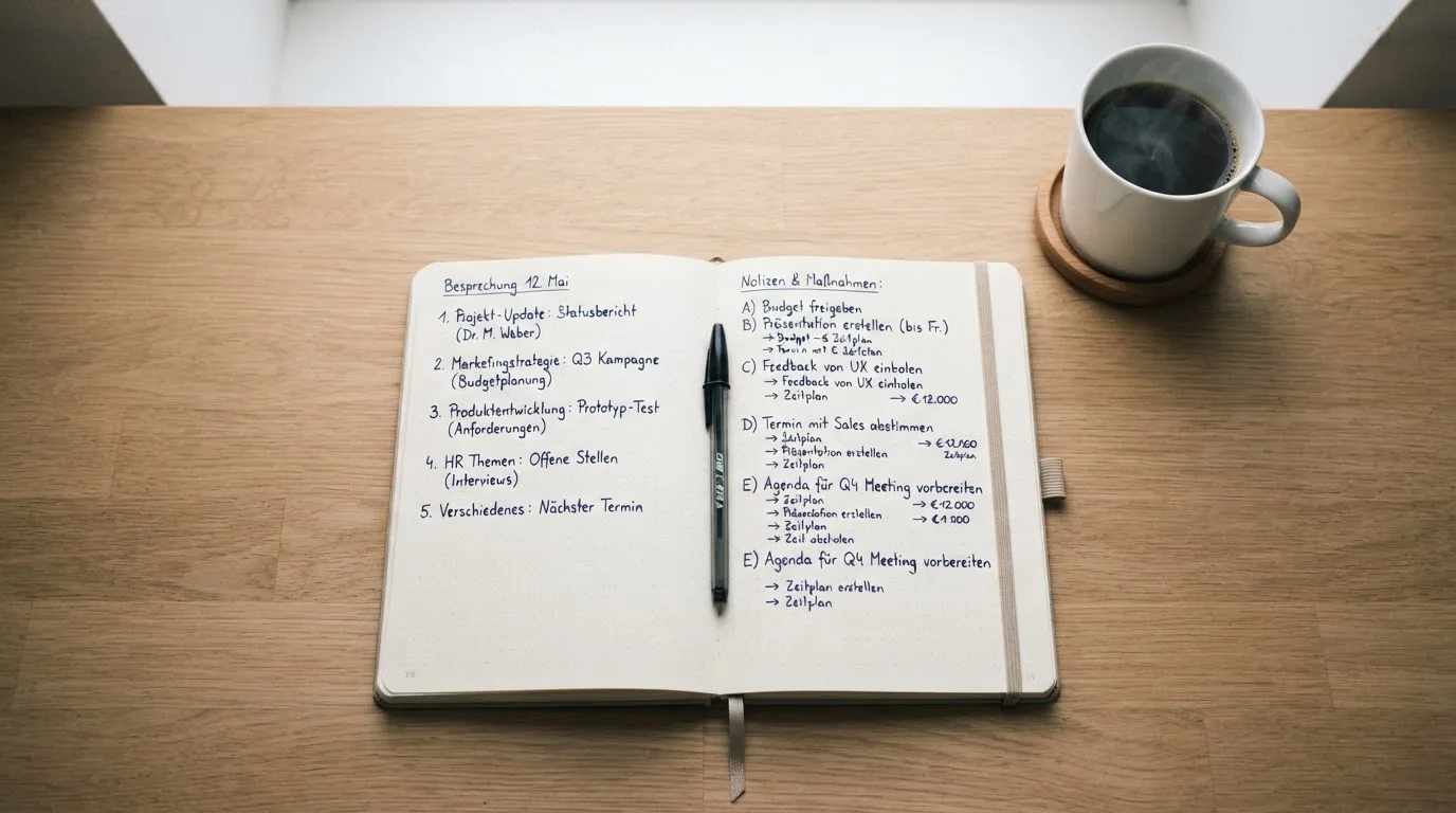 Ein aufgeschlagenes Notizbuch mit handschriftlichen Notizen und ein Kugelschreiber liegen auf einem hellen Schreibtisch neben einer Kaffeetasse.