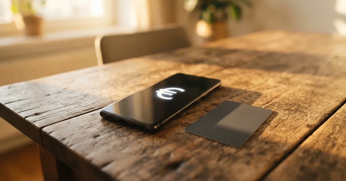 Ein Smartphone liegt mit dem Display nach unten auf einem Holztisch, daneben ein paar Euro-Münzen und eine unbeschriftete Plastikkarte im Morgenlicht.