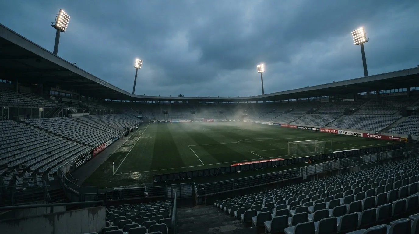 Ein Fußballplatz mit Flutlichtmasten in der Abenddämmerung, aus der Ferne gesehen, leere Tribünen und nasser Rasen unter bewölktem Himmel.