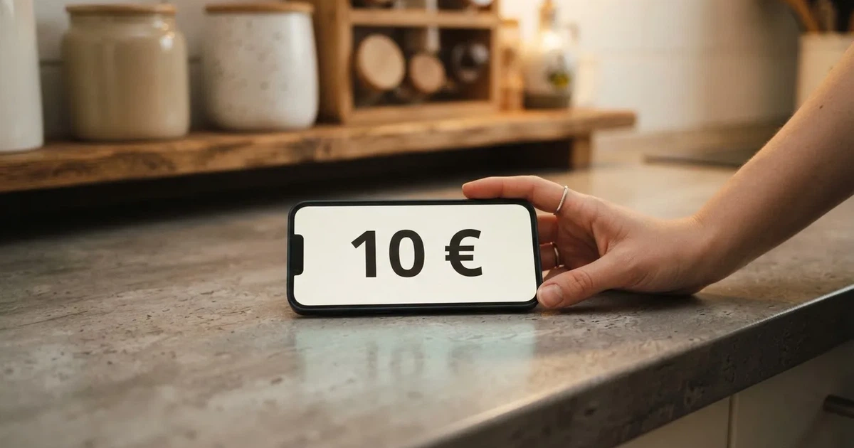 Eine Hand legt ein paar Münzen neben ein umgedrehtes Smartphone auf eine graue Tischplatte, dahinter verschwommen ein Küchenregal.