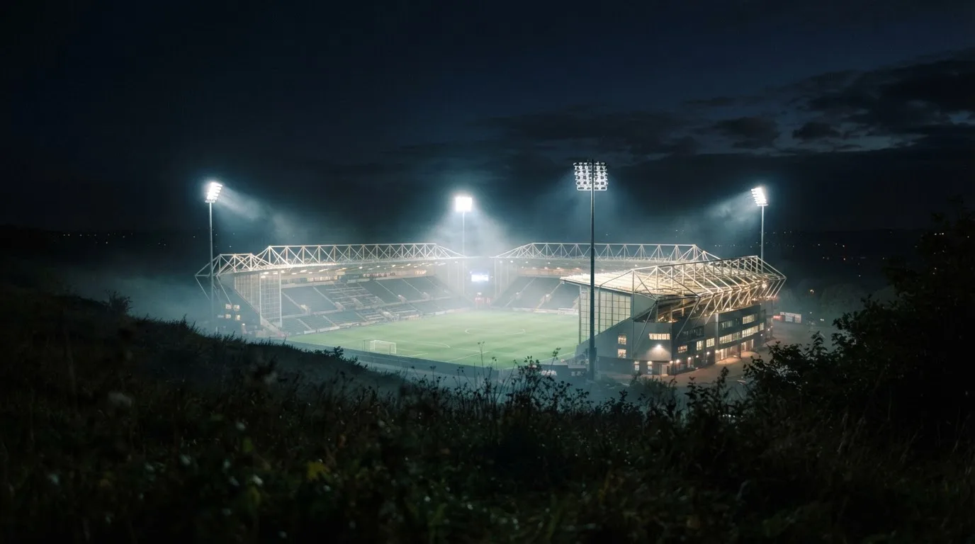 Ein Stadion unter Flutlicht bei Nacht, von einem Hügel aus der Ferne betrachtet, mit Dunst über dem Spielfeld.
