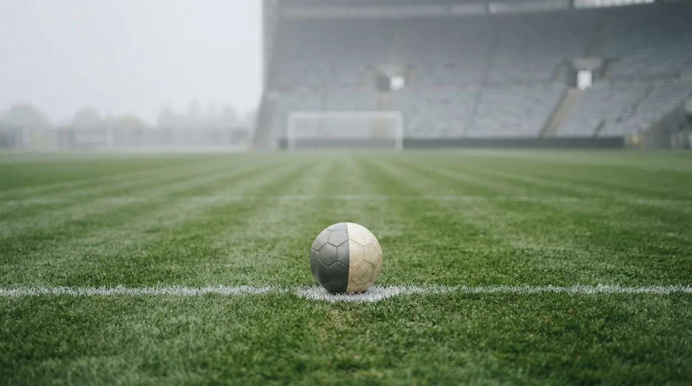 Ein Fußball liegt auf dem Elfmeterpunkt eines leeren Rasenplatzes, im Hintergrund eine Tribüne im Dunst.