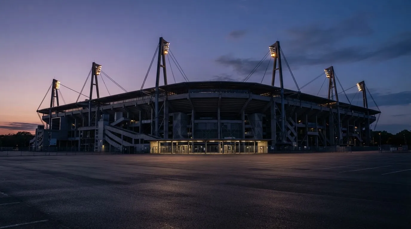 Ein Fußballstadion von außen in der Dämmerung, hohe Flutlichtmasten vor einem violetten Himmel, davor ein leerer Parkplatz.