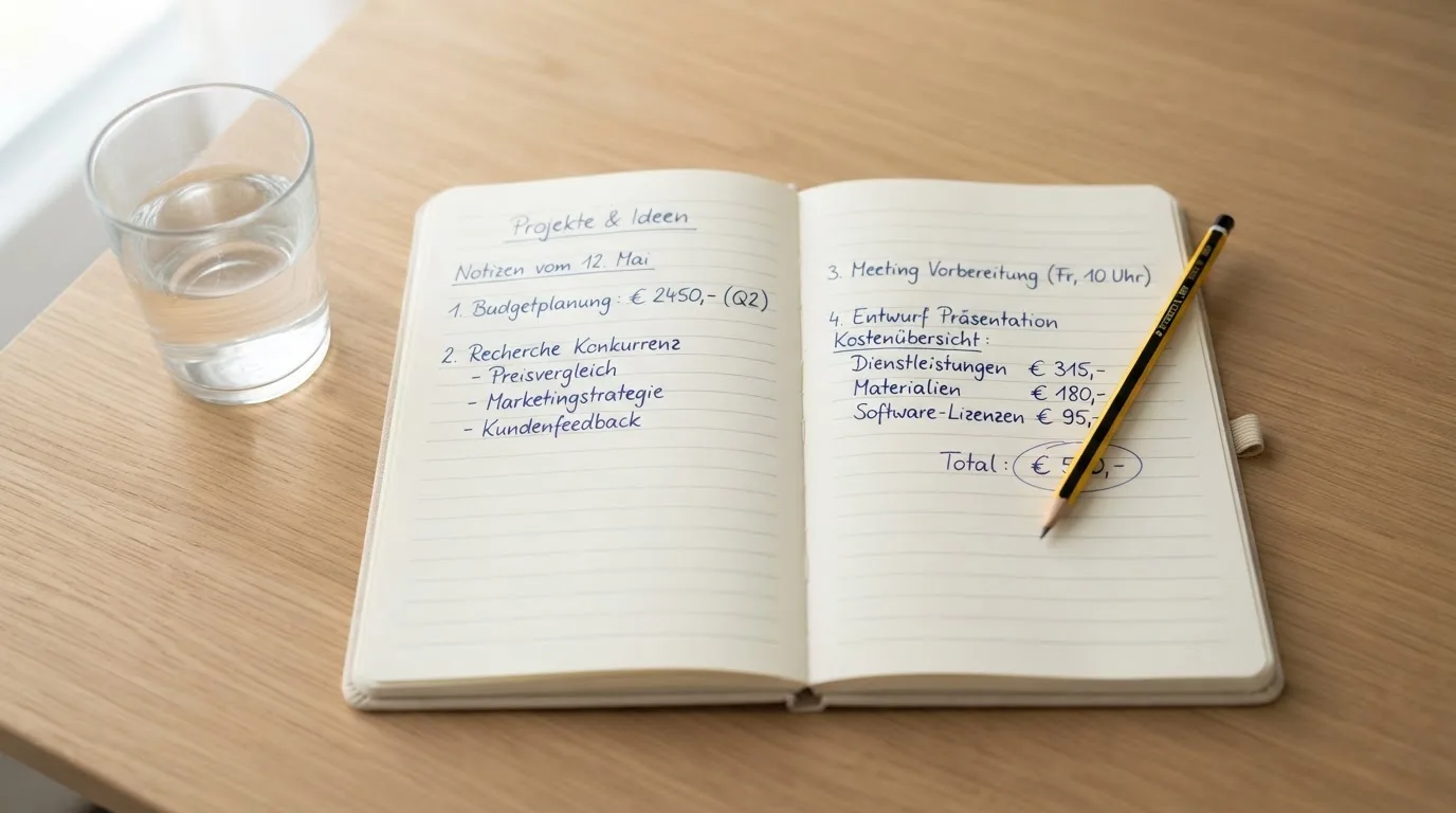 Ein aufgeschlagenes Heft mit handschriftlichen Notizen und ein Bleistift liegen auf einem Schreibtisch, daneben ein Glas Wasser.