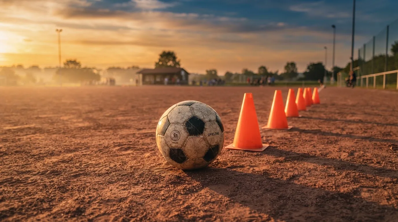 Ein Fußball auf rotem Sandboden neben einer Reihe Hütchen auf einem Trainingsplatz bei untergehender Sonne.