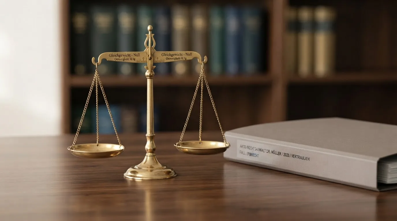Eine Waage aus Messing und ein geschlossener Aktenordner ohne Beschriftung stehen auf einem polierten Schreibtisch.