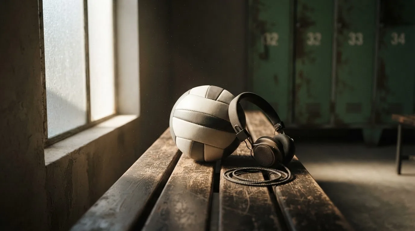 Ein Fußball liegt neben Kopfhörern auf einer Holzbank in einer Umkleide, Licht fällt durch ein schmales Fenster.