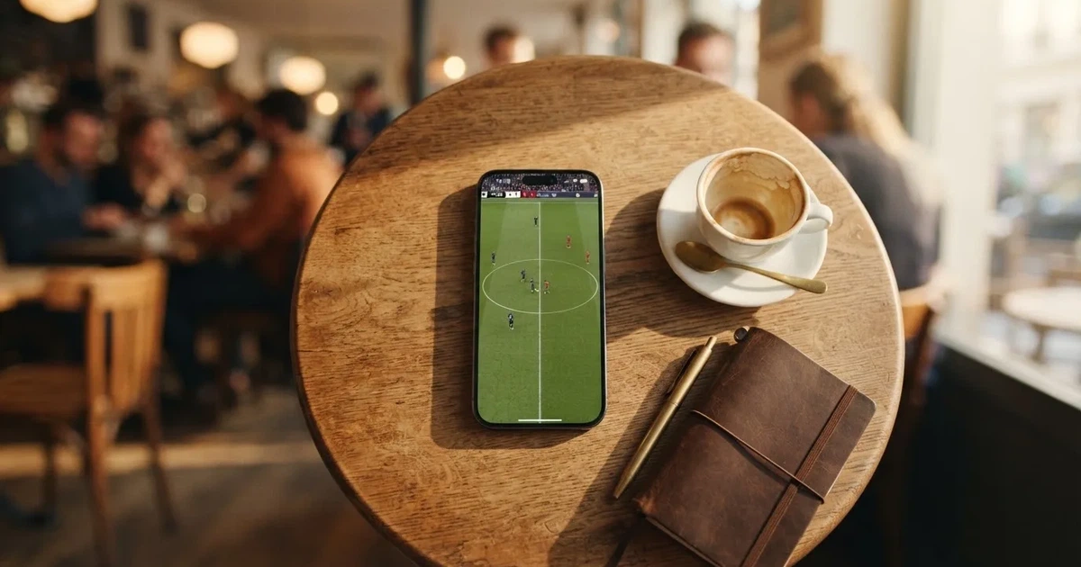Ein Smartphone mit dunklem Bildschirm liegt auf einem Tisch in einem Café, daneben eine Tasse und ein Notizbuch.