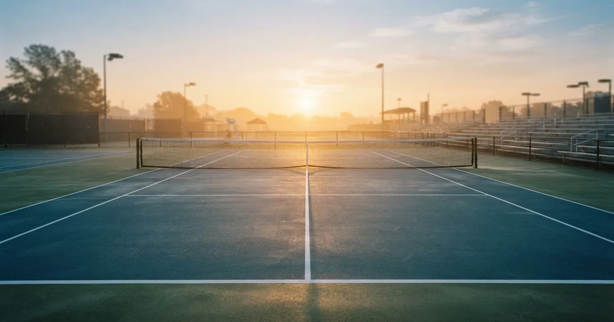 Ein leerer Tennisplatz mit Hartplatzbelag in der Morgendämmerung, das Netz im Gegenlicht und lange Schatten der Linien.