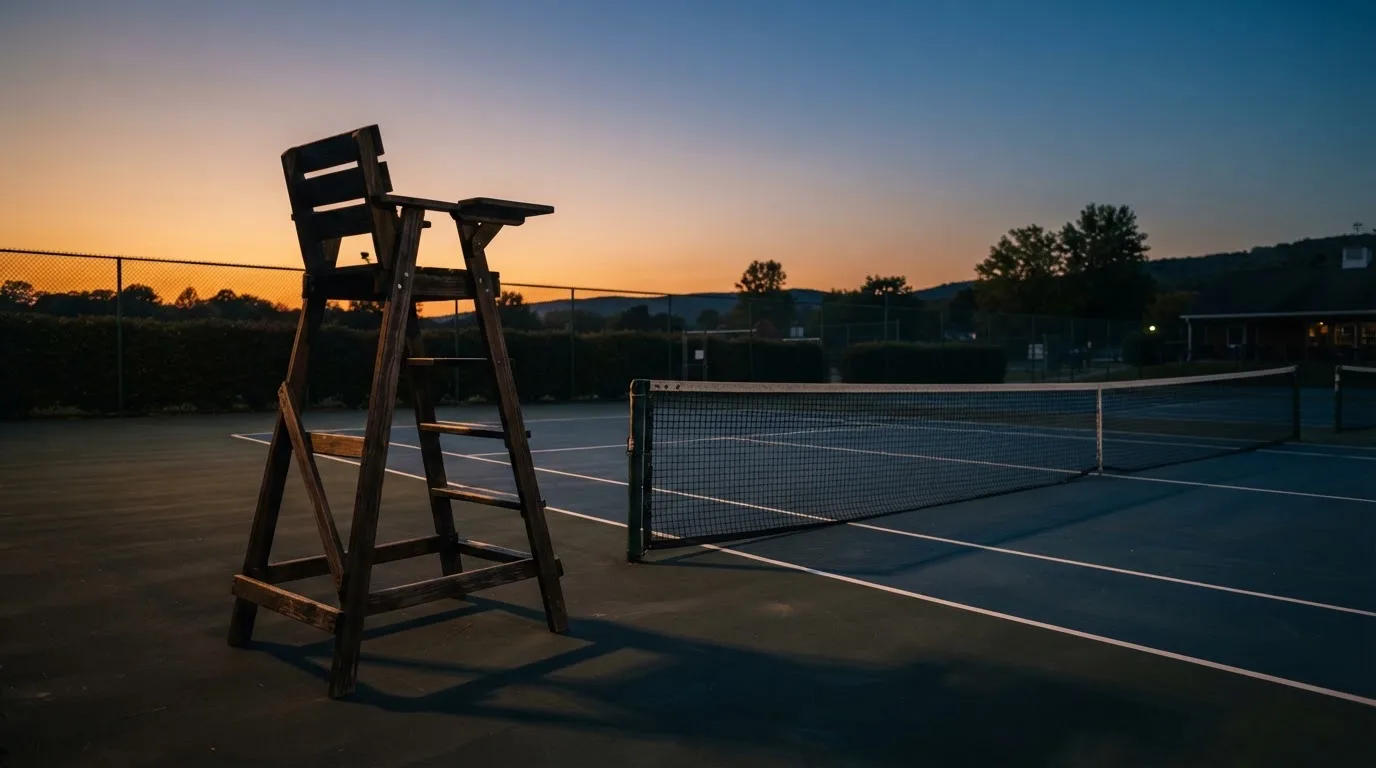 Ein leerer Schiedsrichterstuhl am Spielfeldrand eines Tennisplatzes im Abendlicht, lange Schatten auf dem Belag.