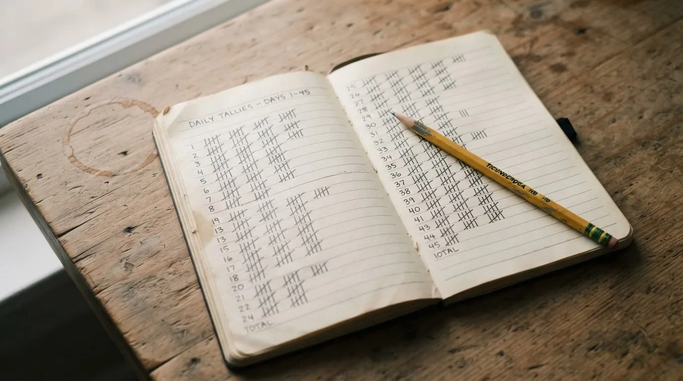 Ein handschriftlich geführtes Heft mit Strichlisten liegt neben einem Bleistift auf einem Tisch, seitlich fällt Tageslicht herein.