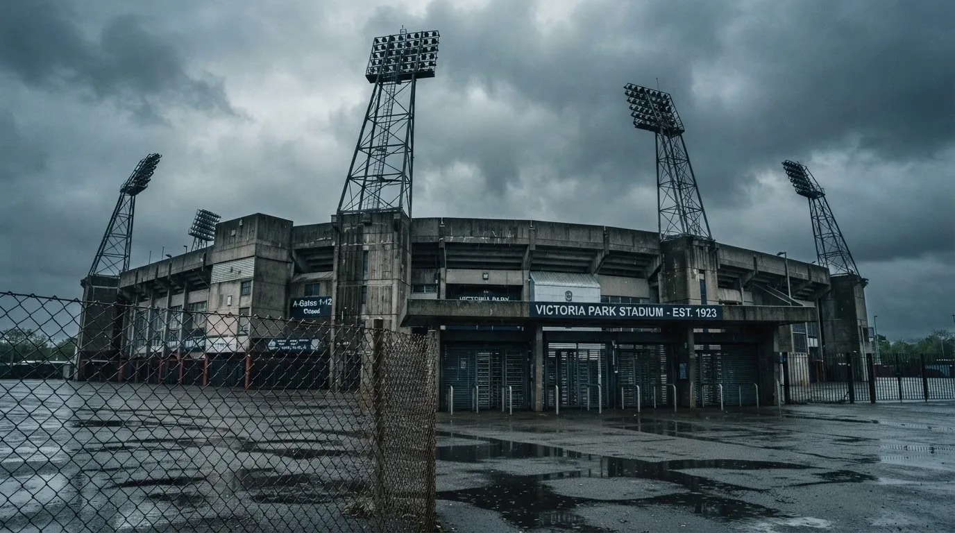 Ein leeres Stadion von außen, hohe Flutlichtmasten vor einem grauen Himmel mit Regenwolken.