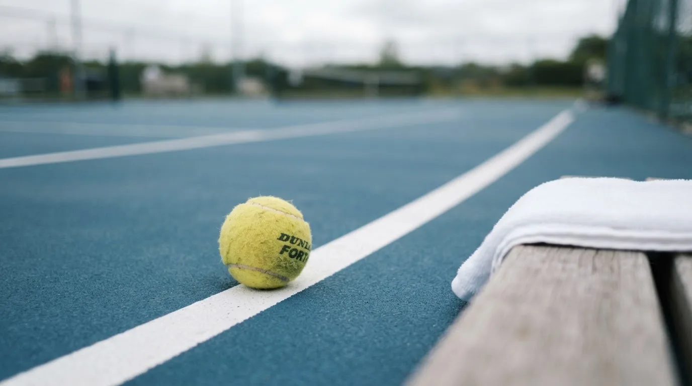 Ein gelber Tennisball liegt auf einer weißen Linie, daneben ein Handtuch auf einer Bank am Spielfeldrand.