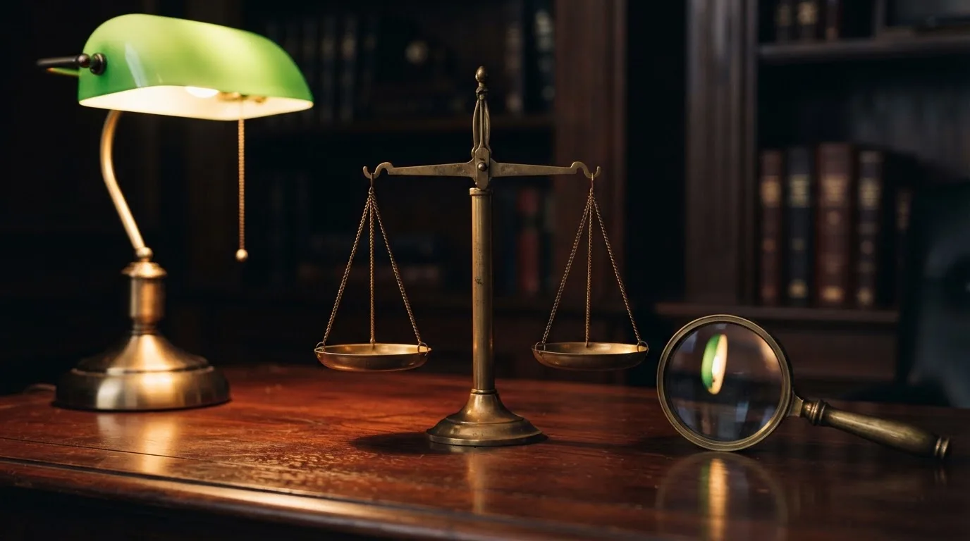 Eine Waage aus Messing steht neben einer Lupe auf einem polierten Schreibtisch im Licht einer Lampe.