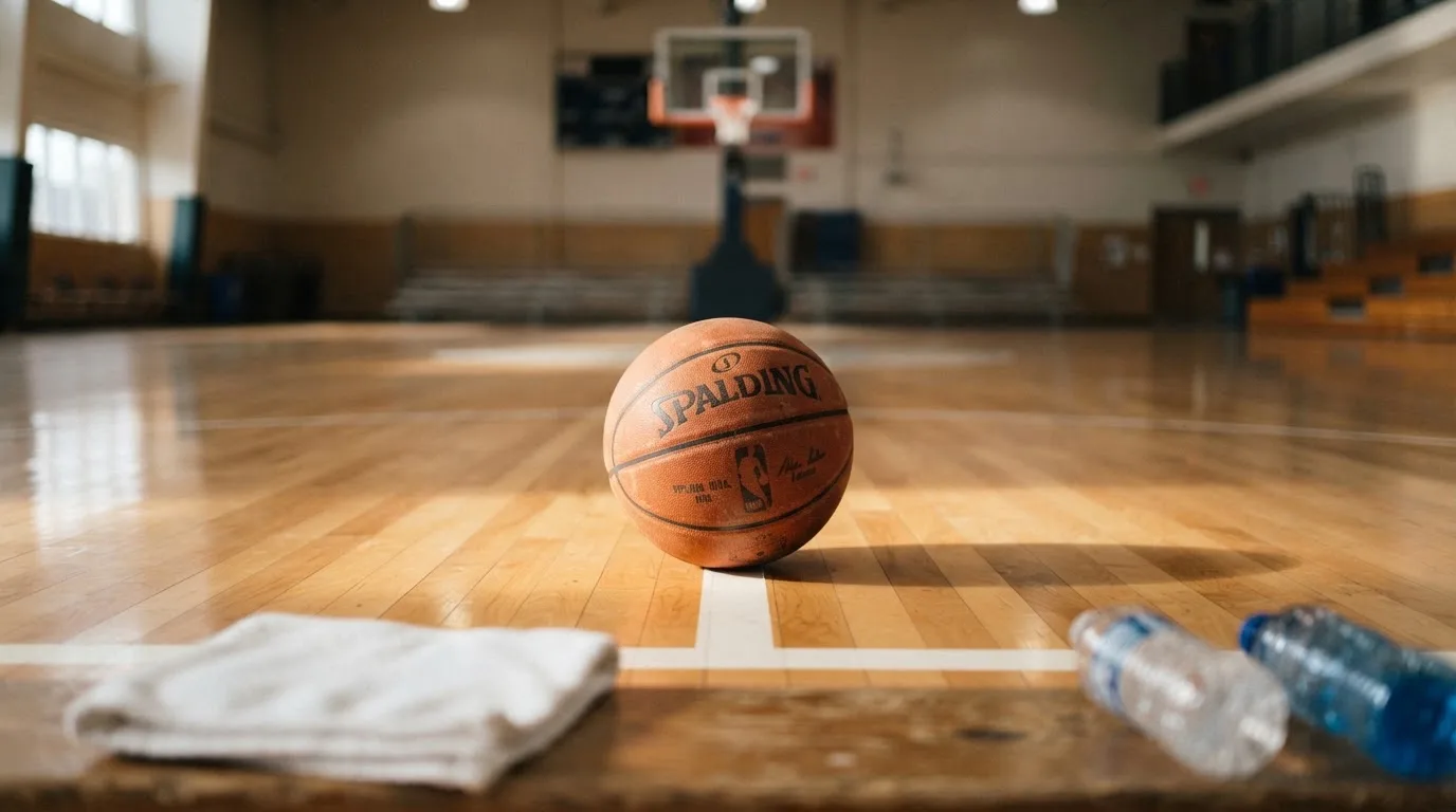 Ein Basketball liegt auf der Freiwurflinie einer Halle, im Vordergrund ein Handtuch auf einer Bank.