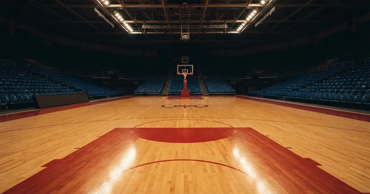 Eine leere Basketballhalle mit glänzendem Parkett und einem Korb im Hintergrund, Licht von Deckenstrahlern spiegelt sich im Boden.