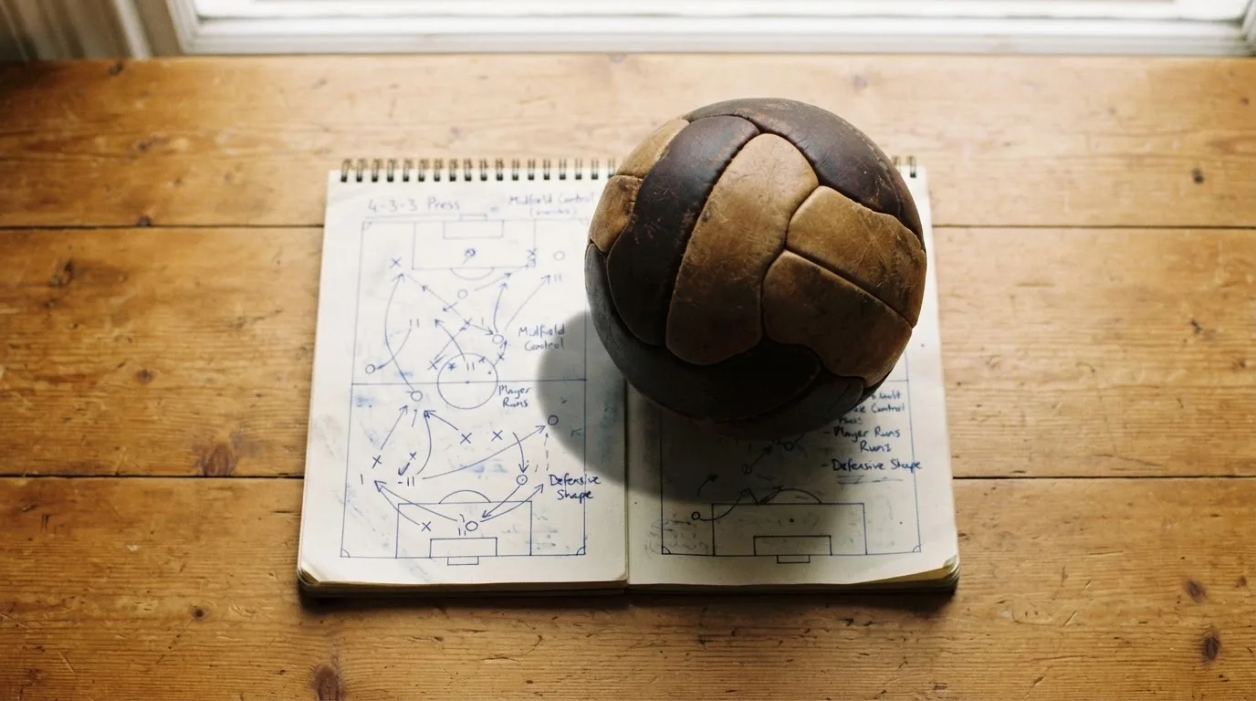 Ein Fußball liegt auf einem Notizbuch mit handgezeichneten Skizzen von Spielzügen, aufgenommen von oben auf einem Holztisch.