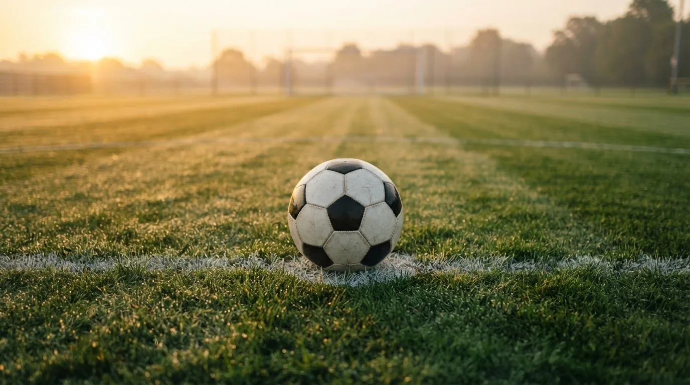 Ein Fußball liegt auf dem Anstoßpunkt eines Rasens bei Sonnenaufgang, Tau glitzert auf den Halmen.