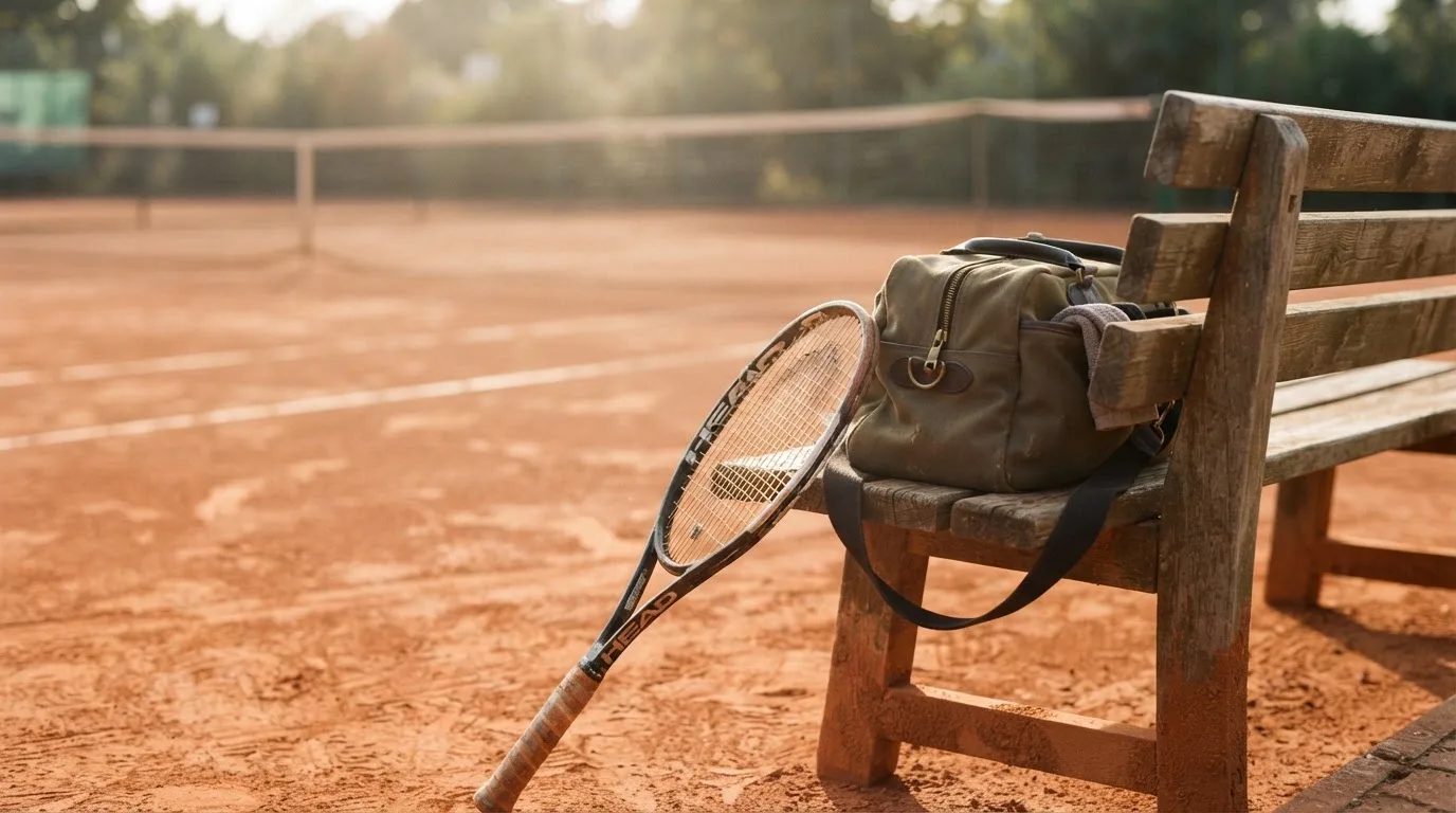Ein Tennisschläger lehnt an einer Bank neben einer Sporttasche, im Hintergrund ein leerer Platz.