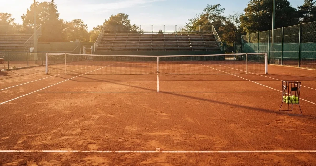 Ein Sandplatz mit frisch gezogenen Linien in der Nachmittagssonne, Netz und Ballkorb am Rand, keine Menschen.