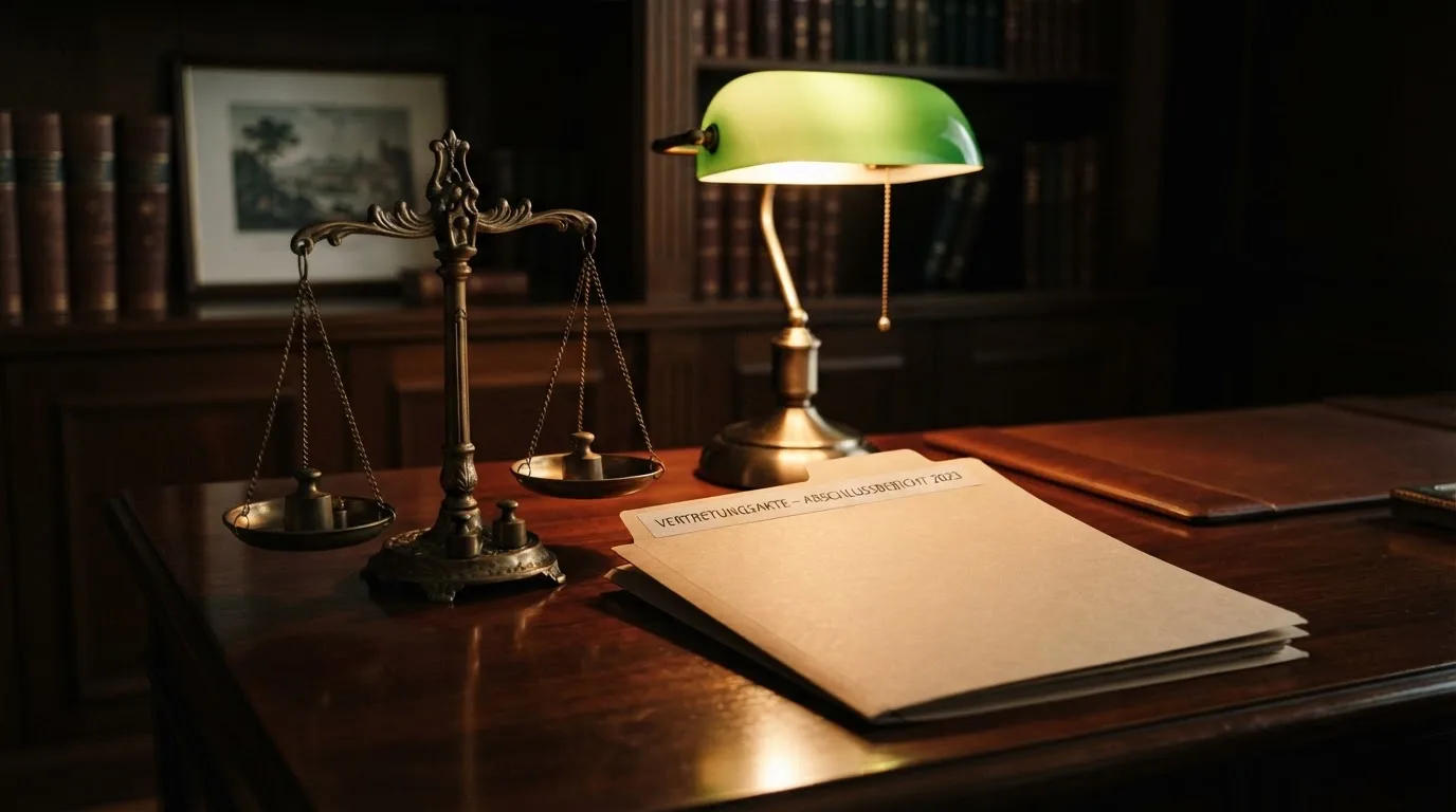 Eine Waage aus Messing und ein geschlossener Ordner ohne Beschriftung stehen neben einer Tischlampe auf einem Schreibtisch.