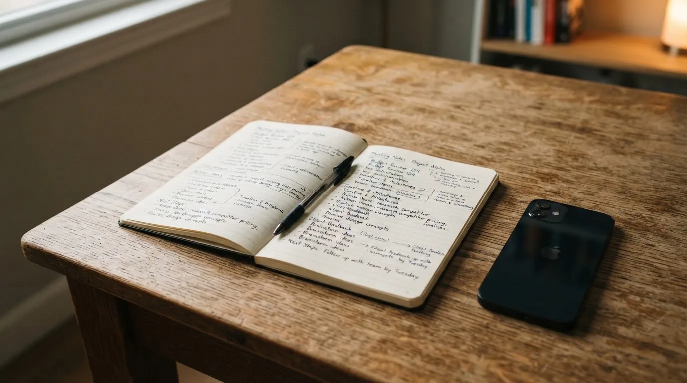 Ein Notizbuch mit handschriftlichen Notizen und ein Kugelschreiber liegen neben einem Smartphone mit dunklem Display auf einem Holztisch.