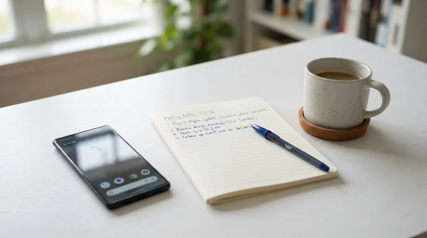 Ein Smartphone mit dunklem Display liegt neben einer Kaffeetasse und einem Notizblock auf einem hellen Tisch.