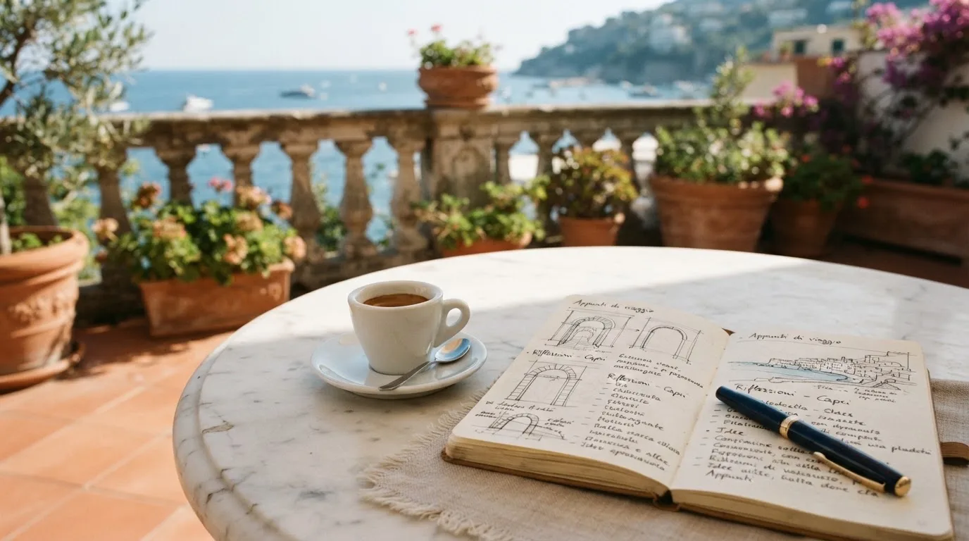 Eine Espressotasse steht auf einem kleinen Marmortisch einer Terrasse, daneben ein Notizheft mit handschriftlichen Skizzen.