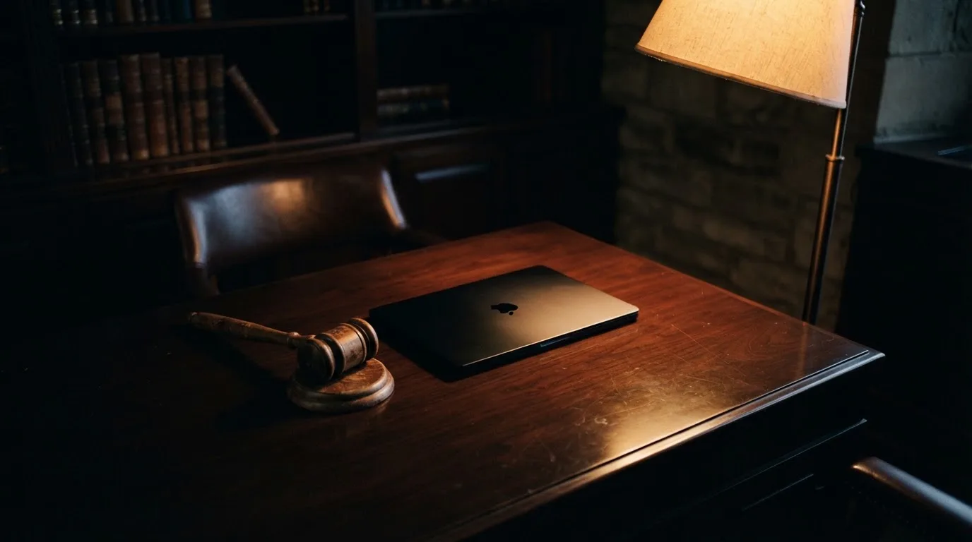 Ein Schreibtisch mit Stehlampe, einem geschlossenen Laptop und einem hölzernen Richterhammer im Halbdunkel.