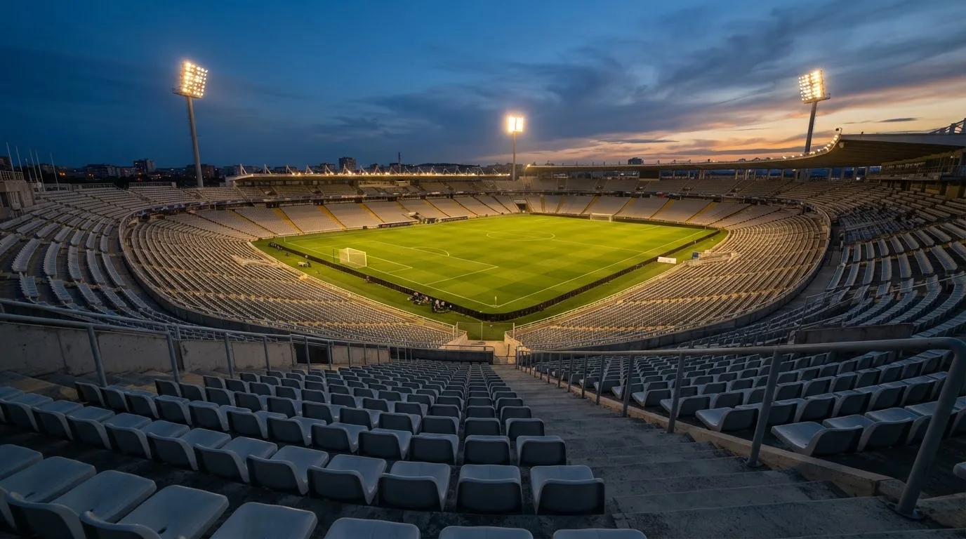 Eine leere Stadiontribüne unter Flutlicht aus der Ferne betrachtet, die Rasenfläche leuchtet grün in der Dämmerung.
