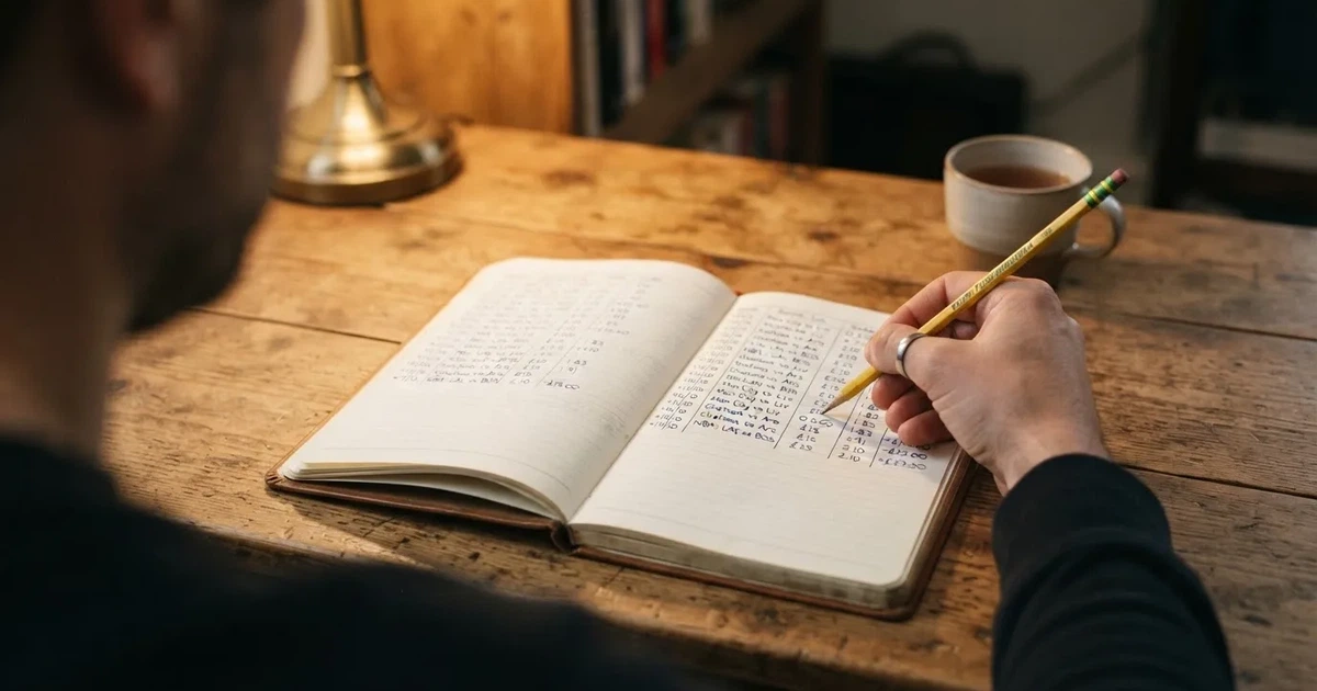 Ein aufgeschlagenes Notizbuch mit handschriftlichen Zahlenreihen und ein Bleistift liegen neben einem Taschenrechner auf einem Schreibtisch.