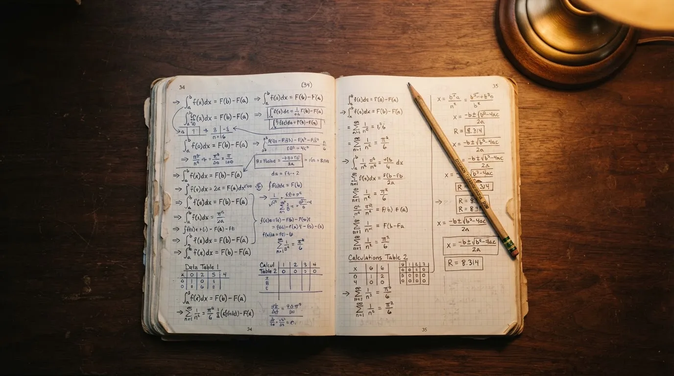 Ein Notizbuch mit handschriftlichen Rechnungen und ein Taschenrechner liegen auf einem aufgeräumten Schreibtisch in warmem Licht.