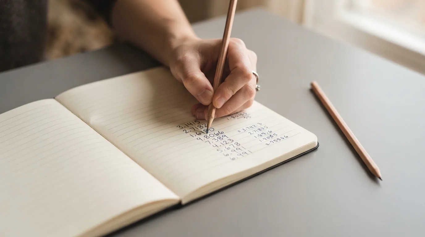 Ein Taschenrechner, ein Bleistift und ein Block mit handschriftlichen Zahlenreihen liegen auf einer grauen Arbeitsfläche.
