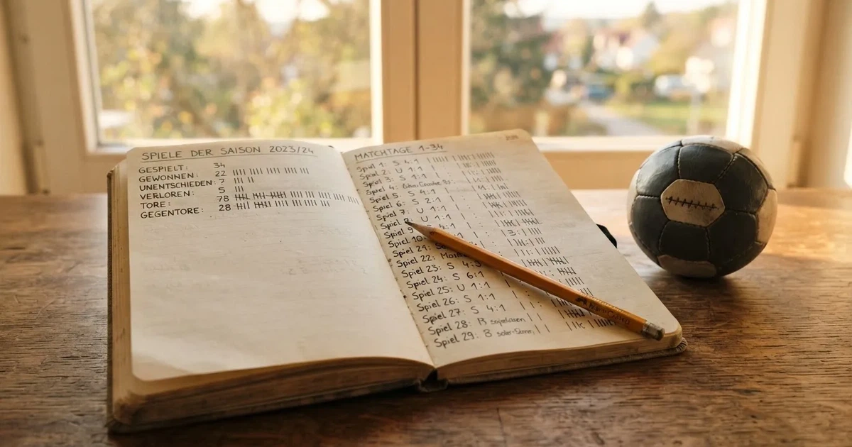 Ein Notizbuch mit handschriftlichen Strichlisten, ein Bleistift und ein kleiner Fußball liegen auf einem Schreibtisch vor einem Fenster.