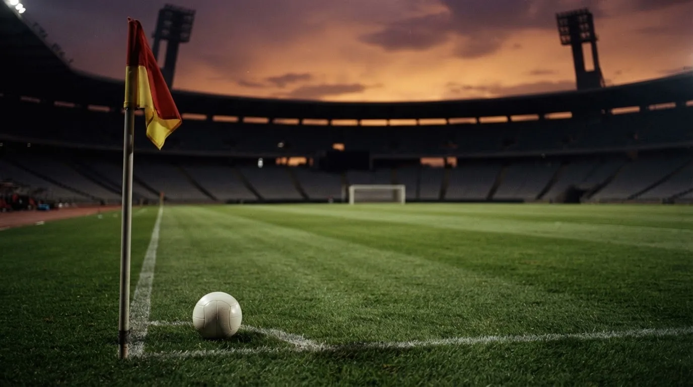Ein Fußball liegt neben einem Eckfahnen-Pfosten auf einem Rasenplatz, im Hintergrund ein leeres Stadion in der Dämmerung.