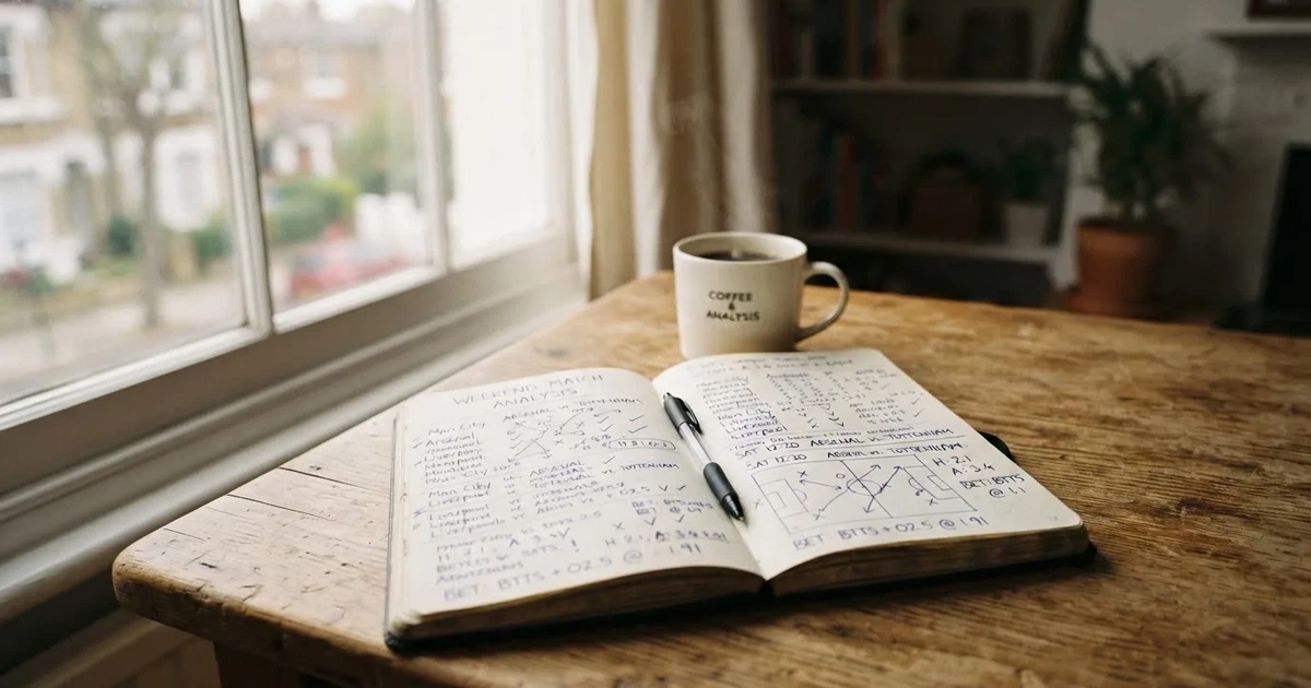 Ein aufgeklapptes Notizbuch mit handschriftlichen Pfeilen und Kreuzen liegt neben einem Kugelschreiber und einem Becher Kaffee auf einem Tisch am Fenster.