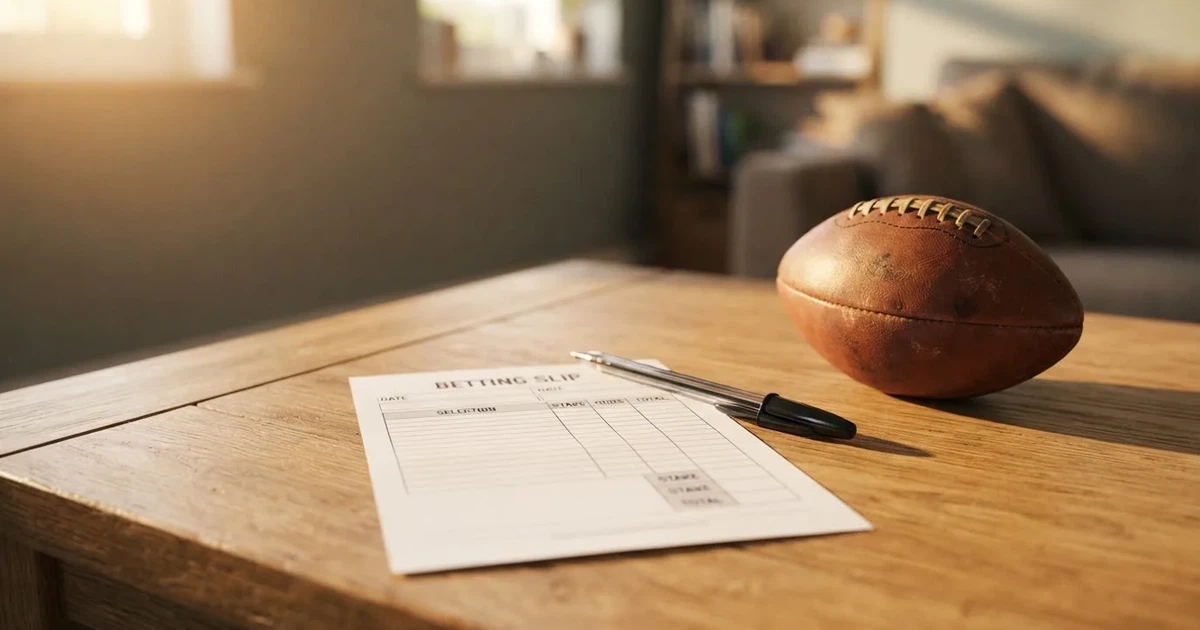 Ein leerer Papier-Wettschein und ein Kugelschreiber liegen neben einem kleinen Fußball auf einem Holztisch, weiches Fensterlicht.