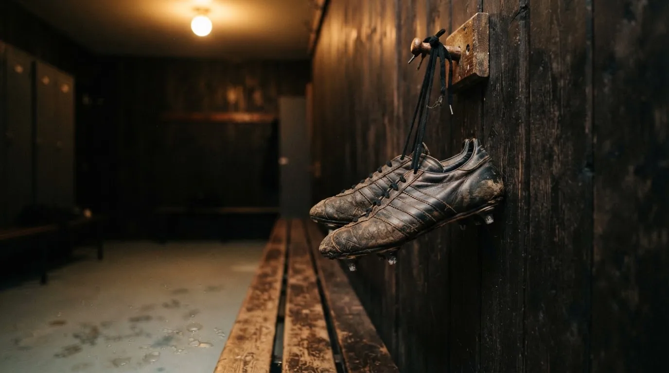 Ein Paar Fußballschuhe hängt an den Schnürsenkeln an einem Holzhaken in einer leeren Umkleidekabine.