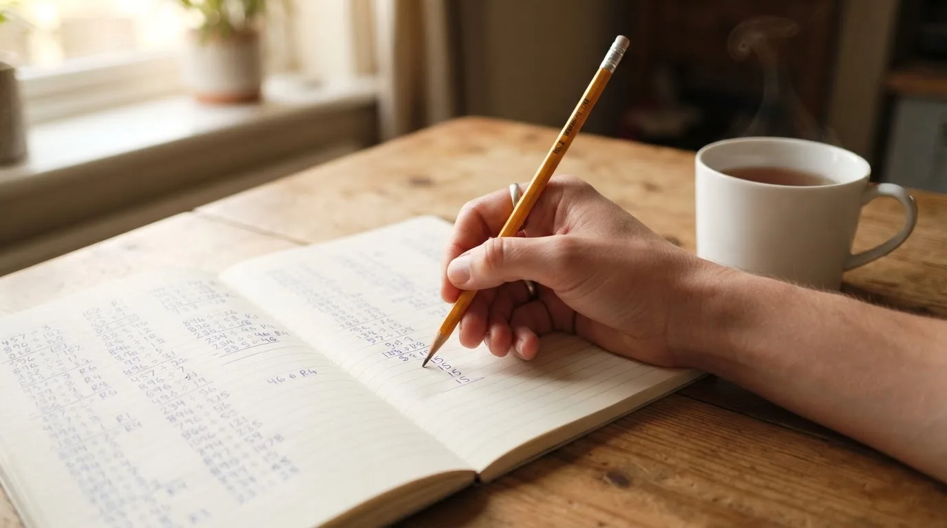 Ein Schreibtisch mit Taschenrechner, Bleistift und einem Block voller handschriftlicher Rechnungen, daneben eine Tasse Tee.