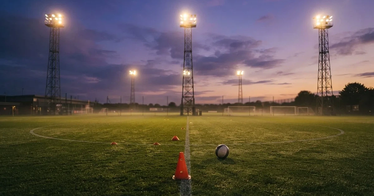 Eine Flutlichtanlage ragt über einen Trainingsplatz, auf dem Rasen liegen verstreut Hütchen und ein Ball, am Himmel die Abenddämmerung.