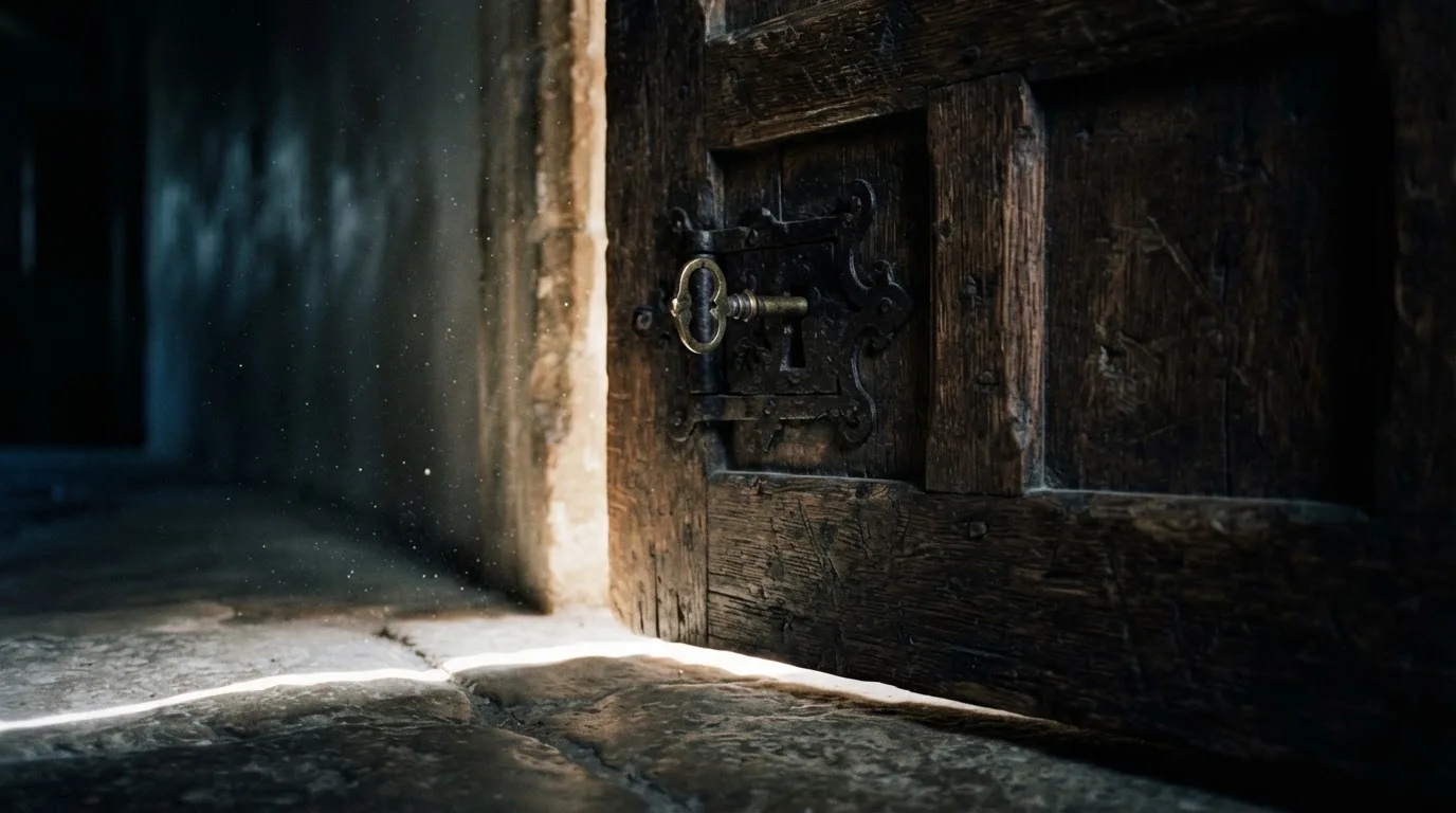 Ein Schlüssel steckt im Schloss einer massiven Holztür, Licht fällt durch einen schmalen Spalt.