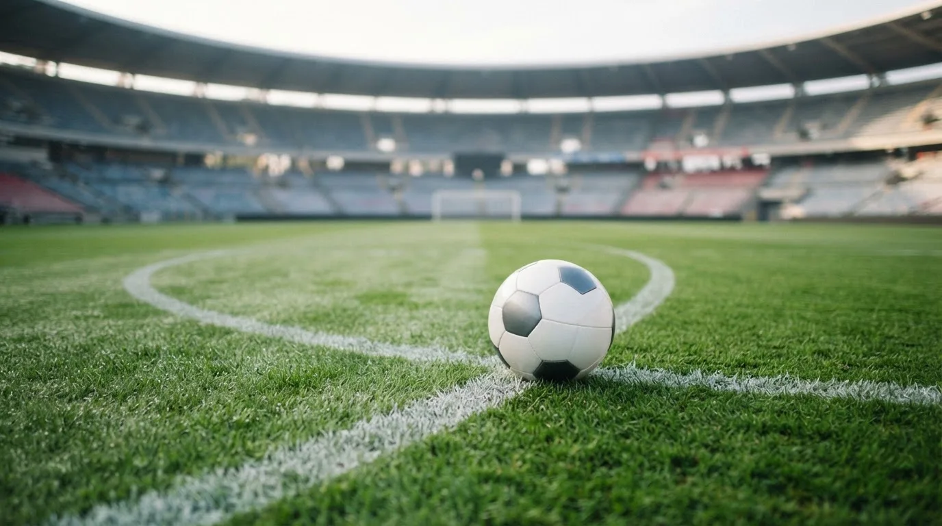 Ein Fußball liegt auf dem Rasen im Mittelkreis, die Kreidelinien führen scharf ins Bild, dahinter verschwimmt eine Tribüne.