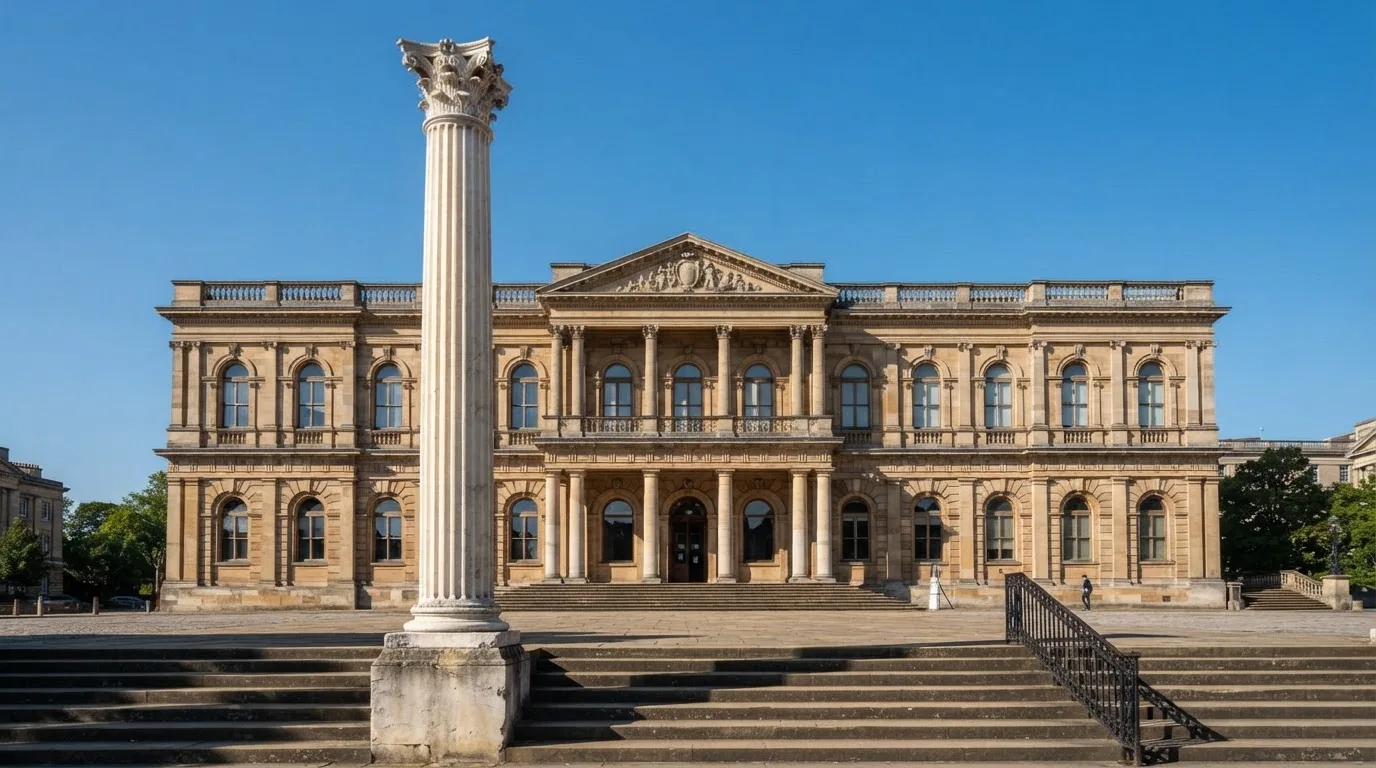 Eine Marmorsäule vor einem klassischen Gebäude, im Hintergrund blauer Himmel.