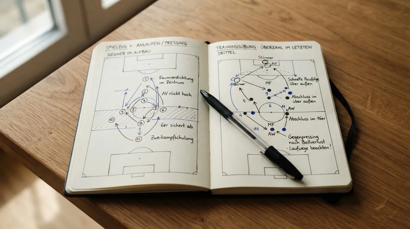 Ein aufgeschlagenes Notizbuch mit handschriftlichen Skizzen von Spielzügen liegt neben einem Kugelschreiber auf einem Holztisch.