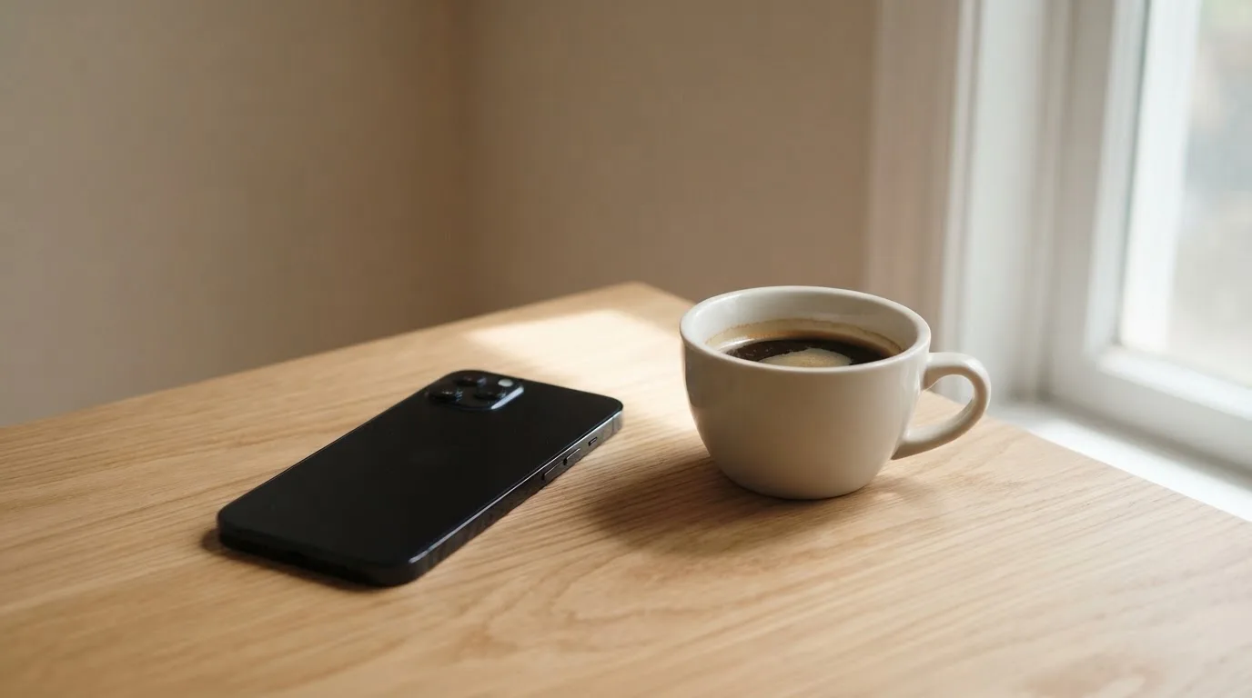 Ein Smartphone mit dunklem Display liegt neben einer Kaffeetasse auf einem Holztisch im Licht eines Fensters.