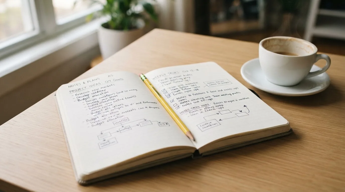 Ein aufgeschlagenes Notizbuch mit handgeschriebenen Stichpunkten und ein Bleistift liegen neben einer Kaffeetasse auf einem hellen Holztisch.