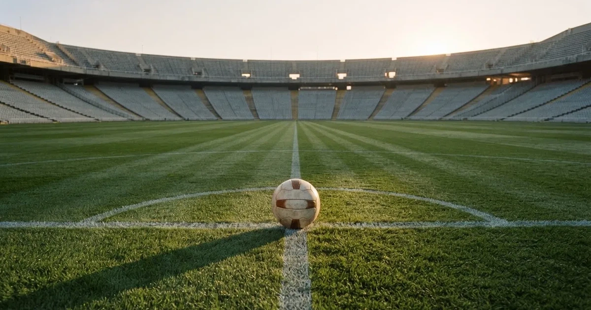 Ein Fußball liegt auf dem Mittelkreis eines Stadionrasens am frühen Morgen, im Hintergrund leere Ränge ohne erkennbare Beschriftung.