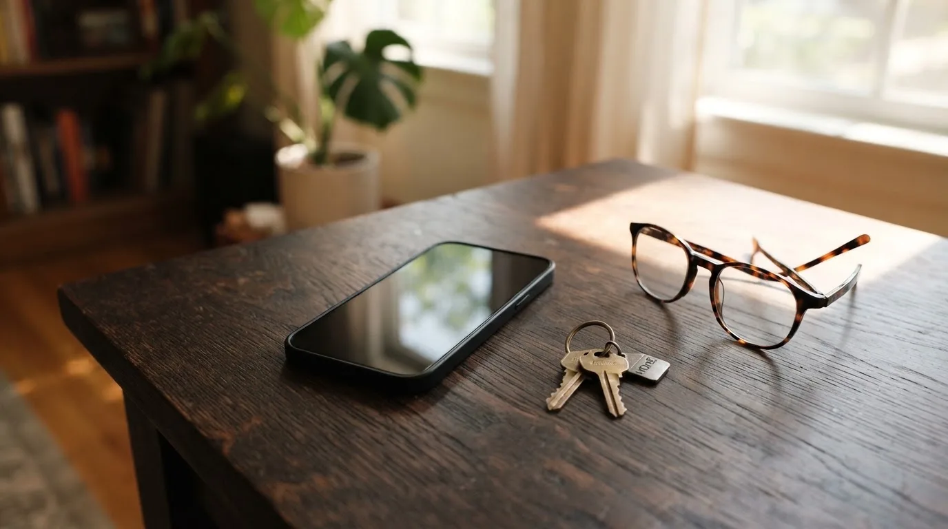 Ein Smartphone liegt mit dunklem Display auf einem Holztisch neben einem Schlüsselbund und einer Brille im Licht eines Fensters.