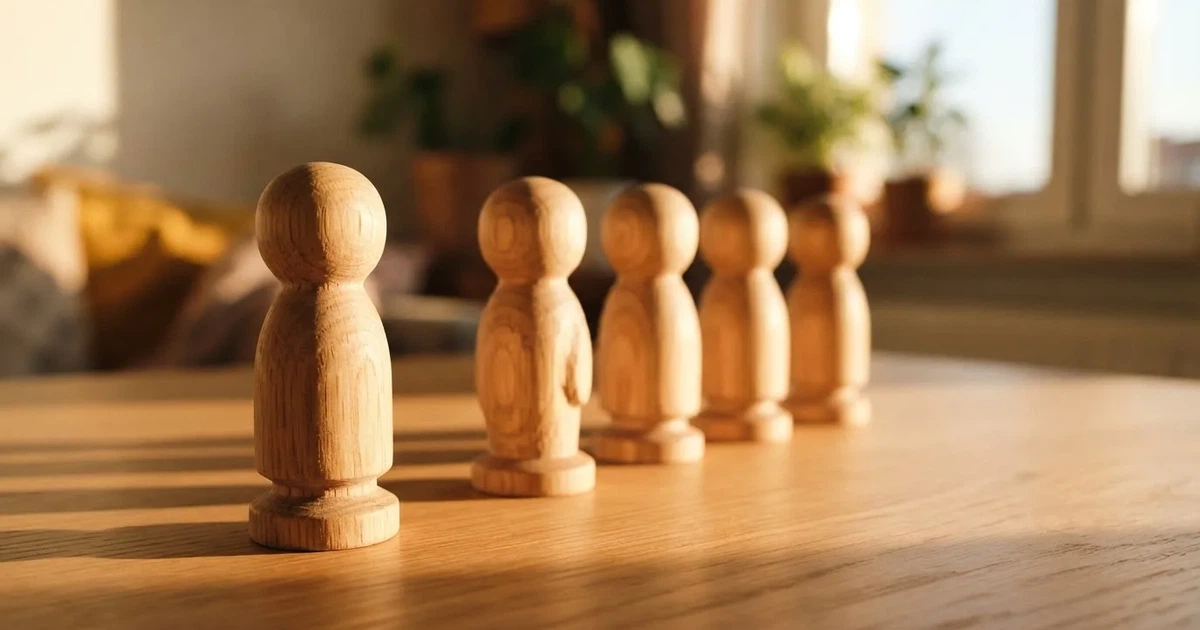 Fünf Holzfiguren stehen in einer Reihe auf einem Tisch, die erste Figur ist leicht nach vorn gerückt.