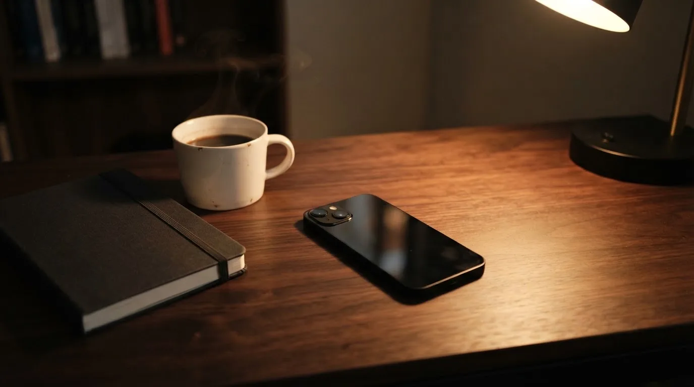 Ein Smartphone liegt mit dunklem Display auf einem Schreibtisch neben einem Notizbuch und einer Kaffeetasse.